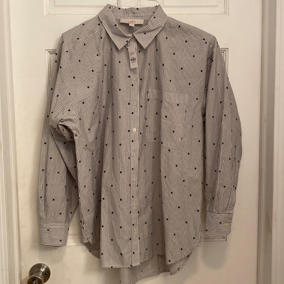 LOFT Men's Medium Gray/White Stripe W/Navy dot Lg Sl Button Up Shirt NWT - Picture 2 of 6
